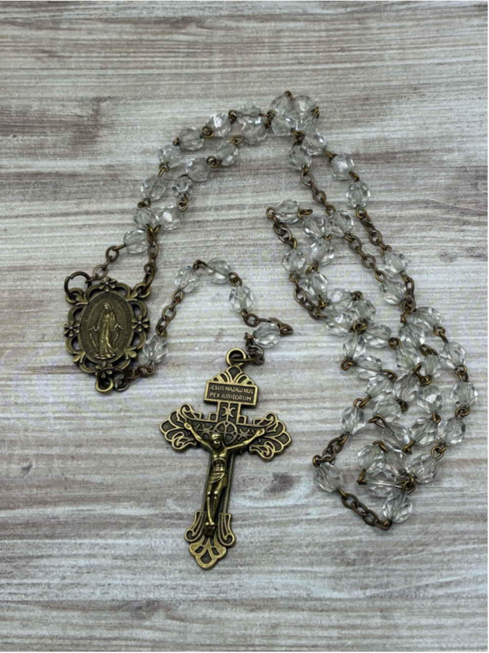 Vintage Style Brass Rosary Necklace with Upcycled Vintage Beads